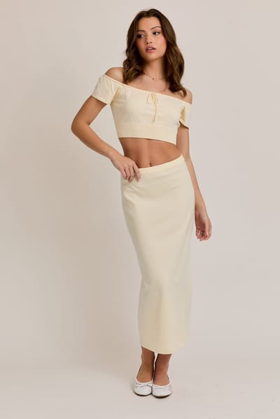 Le Lis Cream Knit Off Shoulder Crop Top Maxi Skirt Set