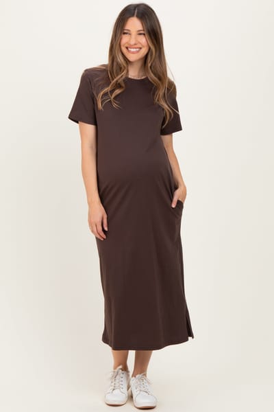 PinkBlush Dark Chocolate Cotton T-Shirt Maternity Midi Dress