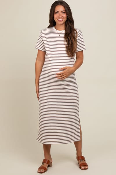 PinkBlush Cream Striped Short Sleeve Maternity T-Shirt Midi Dress