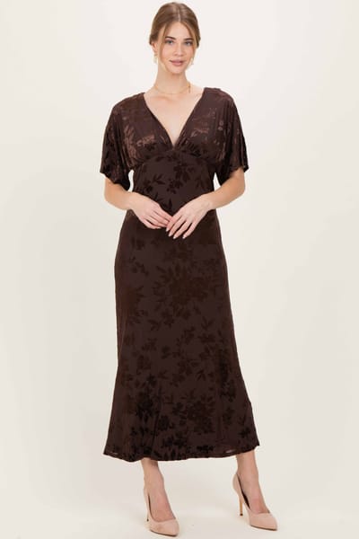Rhea + Thea Brown Floral Velvet V-Neck Short Sleeve Maxi Dress