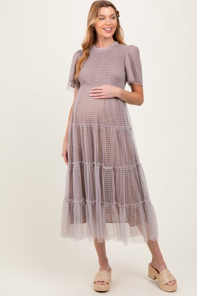 Tea N Rose Grey Gingham Mesh Tiered Maternity Midi Dress