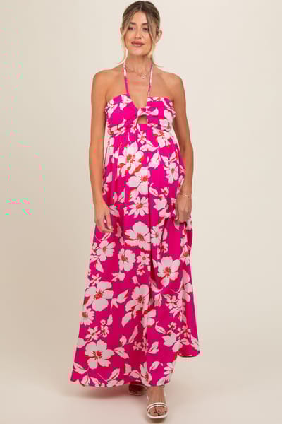 Vanilla Bay Fuchsia Floral Halter Neck Maternity Maxi Dress