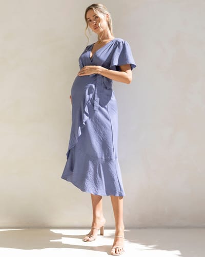 Angel Maternity Molly Maternity Wrap Midi Dress In Iris Blue