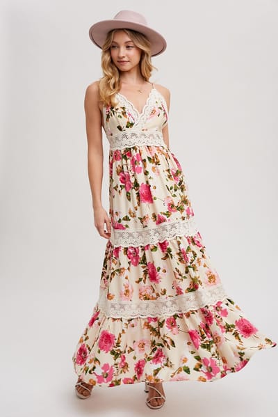 Bluivy Vanilla Floral Print Tiered Lace Contrast Maxi Dress
