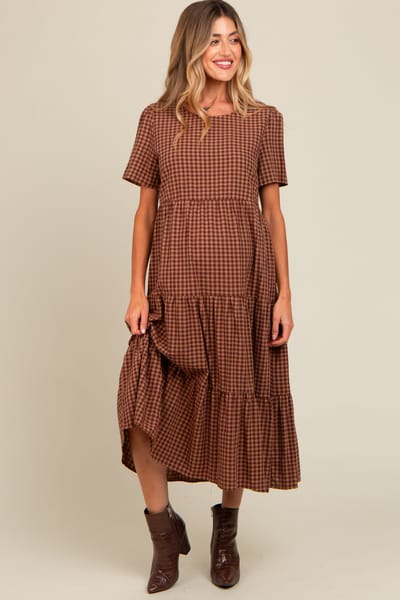 Tea N Rose Mocha Gingham Tiered Maternity Midi Dress