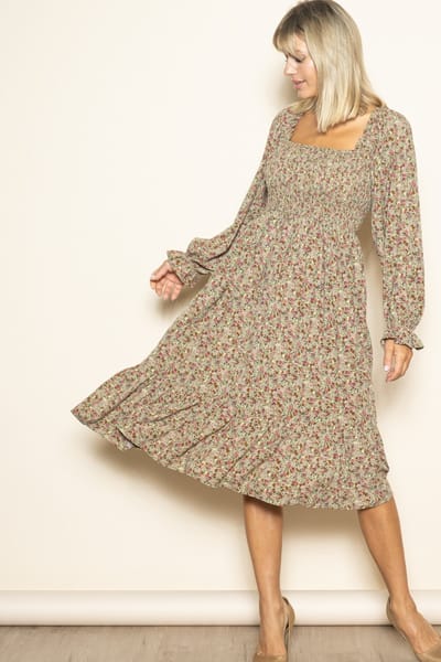 Elloh Olive Floral Smocked Velvet Back Tie Midi Dress