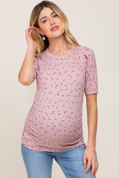 PinkBlush Mauve Floral Side Ruched Maternity Short Sleeve Top