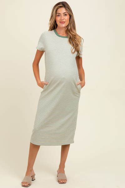 Wishlist Olive Striped Short Sleeve Maternity Midi T-Shirt Dress