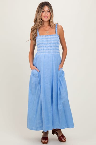PinkBlush Blue Smocked Embroidered Bust Textured Maternity Midi Dress