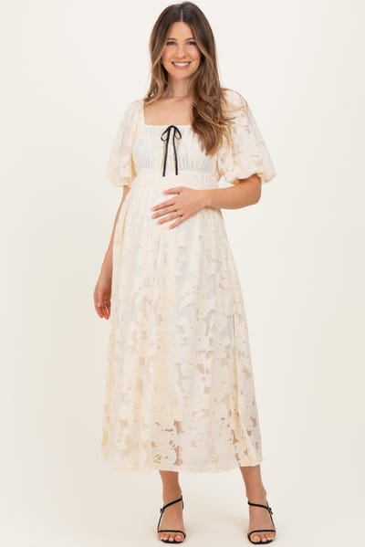 PinkBlush Cream Lace Puff Sleeve Maternity Midi Dress