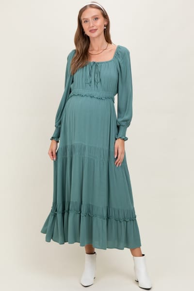 In Loom Teal Square Neck Long Sleeve Maternity Maxi Dress
