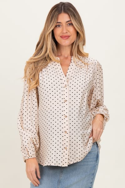 Rhea + Thea Ivory Polka Dot Long Sleeve Button Down V-Neck Maternity Top