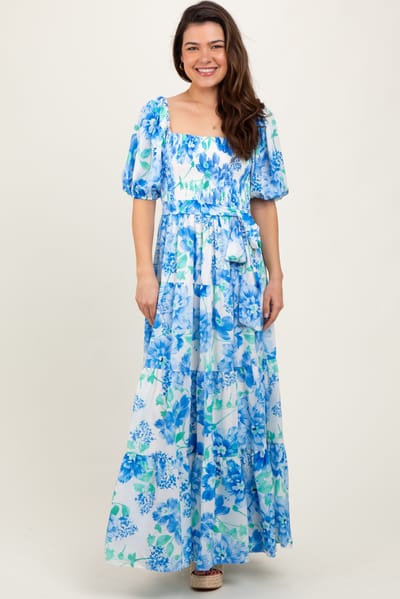 Flying Tomato Blue Floral Smocked Puff Sleeve Maxi Dress