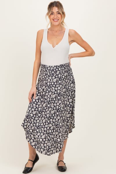 Final Touch Black Floral Tulip Hem Maternity Midi Skirt