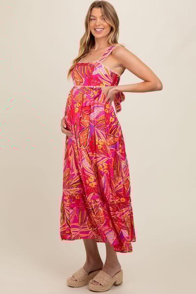 PinkBlush Fuchsia Tropical Back Tie Cutout Maternity Maxi Dress