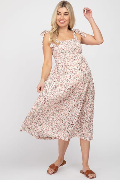 Hello Miz Cream Floral Smocked Tie Strap Maternity Midi Dress