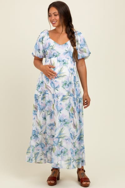 Polagram Blue Floral Chiffon Puff Sleeve Maternity Midi Dress