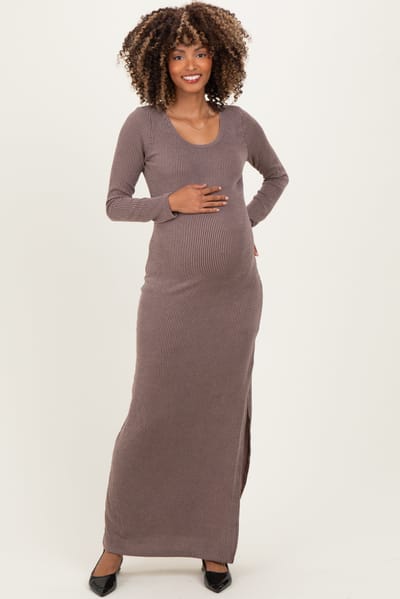 PinkBlush Brown Ribbed Long Sleeve Side Slit Maternity Maxi Dress