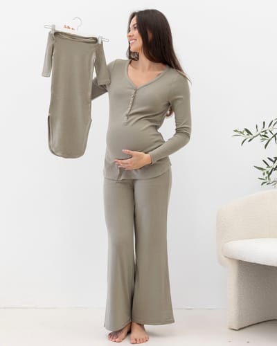 Angel Maternity 3-Piece Isabelle Maternity Loungewear/ Sleepwear PJ set - Sage Green