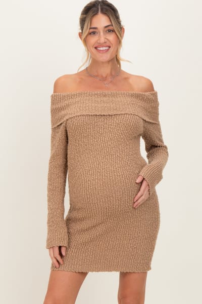 PinkBlush Mocha Off The Shoulder Knit Sweater Maternity Mini Dress