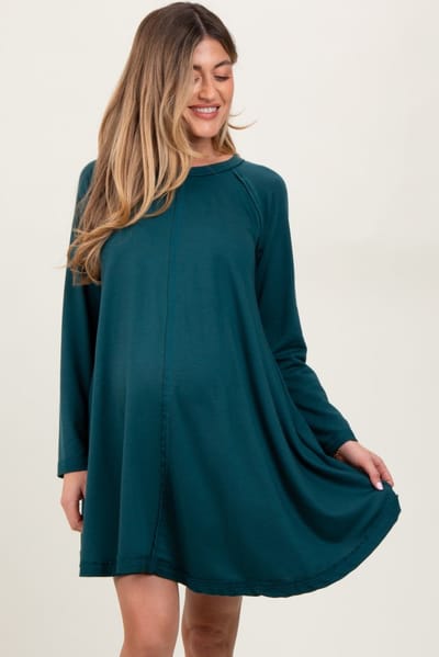 Ces Femme Green Crew Neck Flared Fit Long Sleeve Maternity Mini Dress