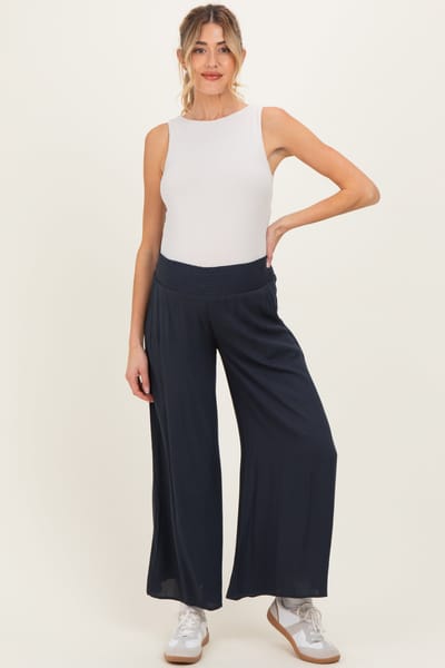 Final Touch Navy Smocked Waist Ankle Wide Leg Maternity Pants