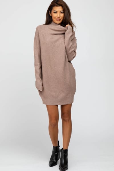 Bluivy Taupe Funnel Neck Dolman Sleeve Mini Dress