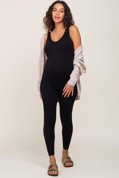 PinkBlush Black V-Neck Seamless Ribbed Fitted Maternity Jumpsuit