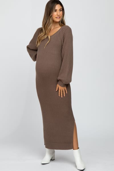 In Loom Taupe Side Slit Maternity Maxi Sweater Dress
