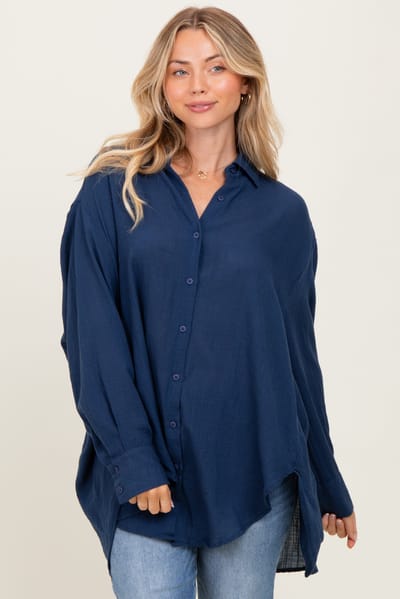 Miss Love Navy Lightweight Sheer Button Down Blouse