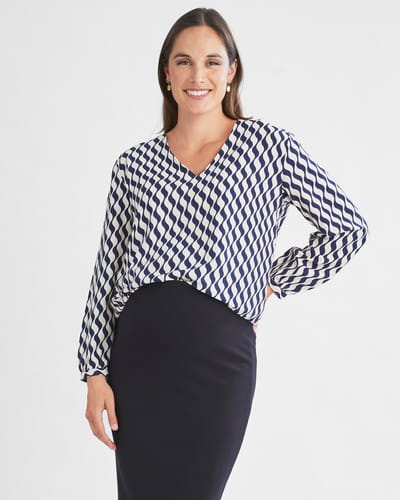 Angel Maternity Ashley Geometric Wave-Print V-Neck Long-Sleeve Blouse