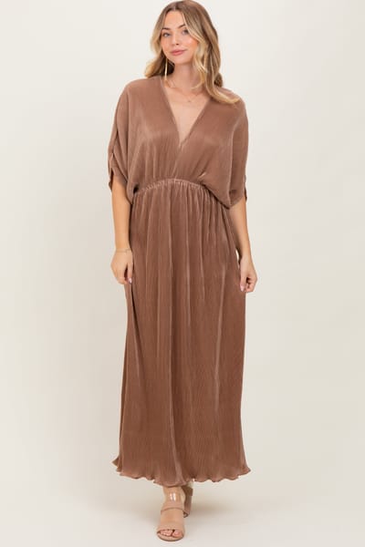 Dress Day Mocha Pleated Satin Dolman Sleeve Maxi Dress
