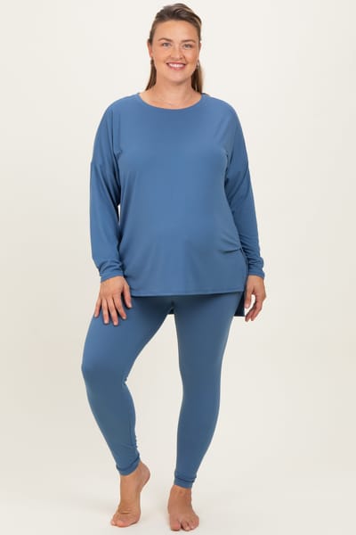 Zenana Outfitters Blue Brushed Knit Oversized Top and Legging Maternity Plus Set