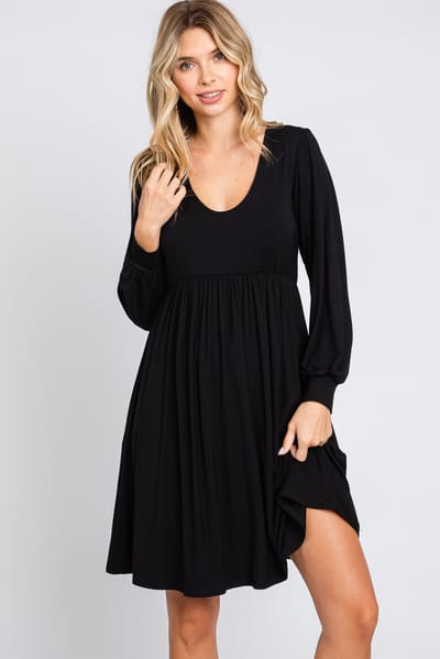 Hello Miz Black Long Puff Sleeve Dress