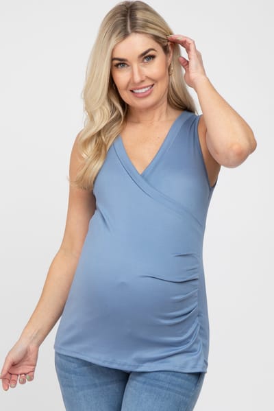Hello Miz Blue Crossover Ruched Maternity Nursing Tank
