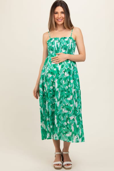 PinkBlush Green Abstract Floral Smocked Maternity Midi Dress