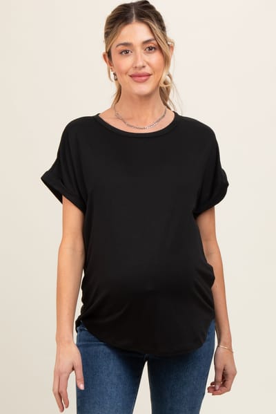 Mitto Black Rolled Cuff Maternity Short Sleeve Top