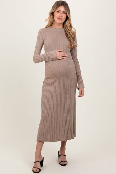 PinkBlush Light Mocha Ribbed Knit Maternity Midi Sweater Dress