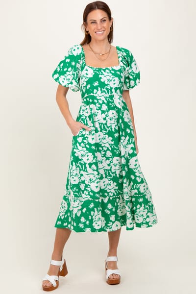 Umgee Green Floral Scallop Trim Puff Sleeve Midi Dress