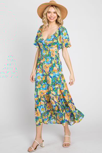 Lush Clothing Multi-Color Floral Wrap Front Cutout Back Midi Dress