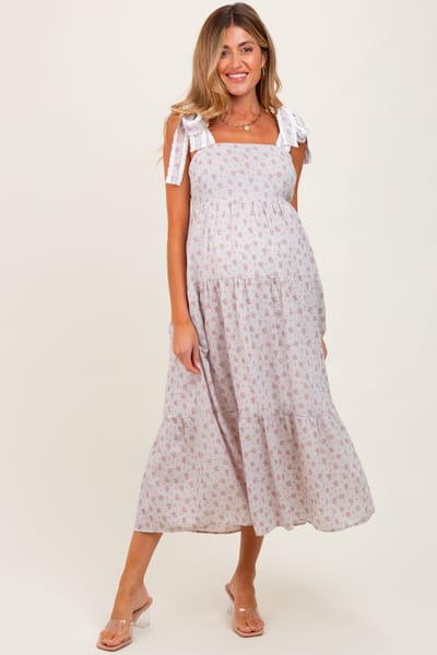 PinkBlush Light Taupe Floral Gingham Shoulder Tie Maternity Midi Dress