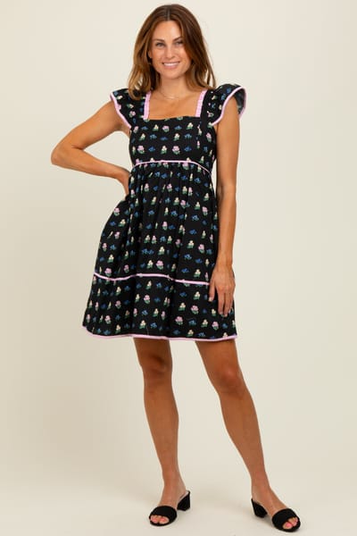 Entro Black Floral Ruffle Strap Mini Dress