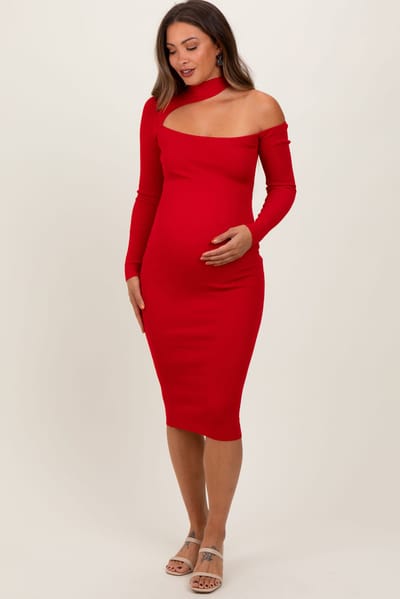 PinkBlush Red Mock Neck Cutout Maternity Fitted Midi Dress