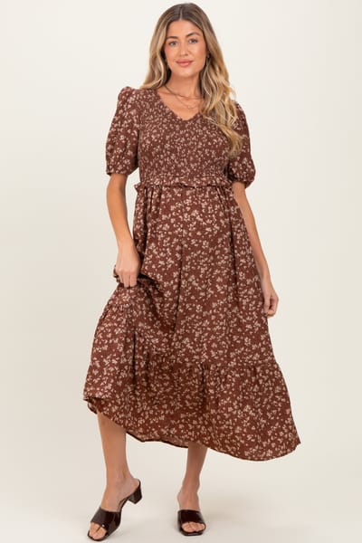 Tea N Rose Brown Floral Smocked Short Sleeve Maternity Midi Dress
