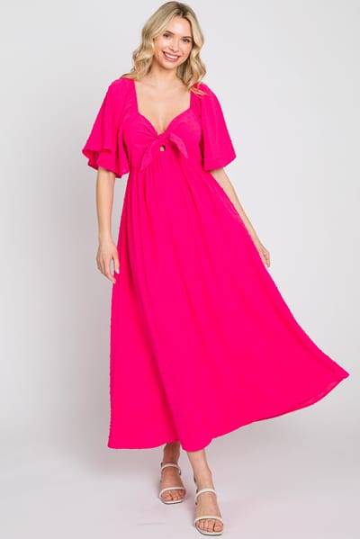 Lime N Chili Fuchsia Textured Dot Front Tie Ruffle Sleeve Midi Dress