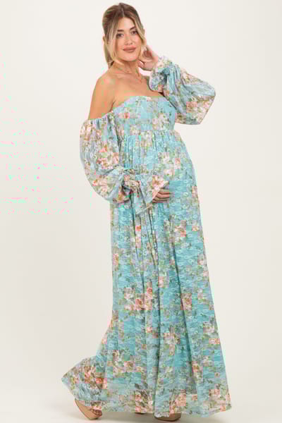 PinkBlush Mint Floral Lace Smocked Long Sleeve Off Shoulder Maternity Maxi Dress