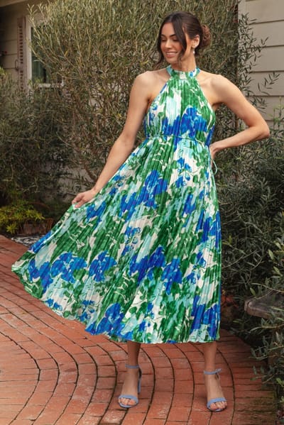 Rosevelvet Blue Floral Satin Pleated Halter Neck Maternity Midi Dress