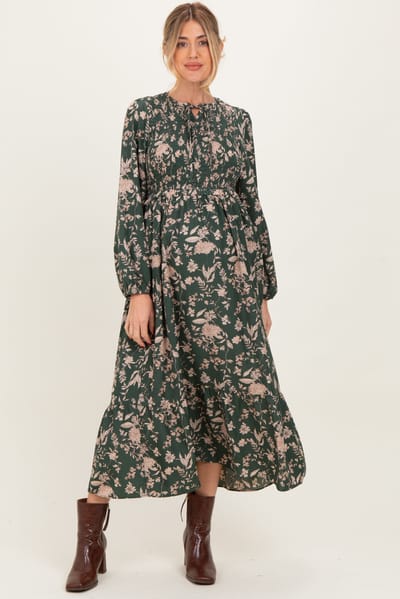 Polagram Green Floral Smocked Long Sleeve Maternity Midi Dress