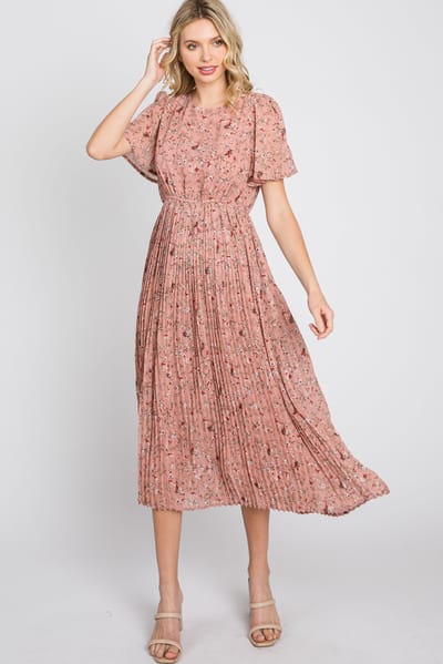 Hayden Light Pink Floral Pleated Short Sleeve Chiffon Midi Dress