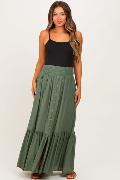 Final Touch Olive Smocked Waist Button Accent Maternity Maxi Skirt